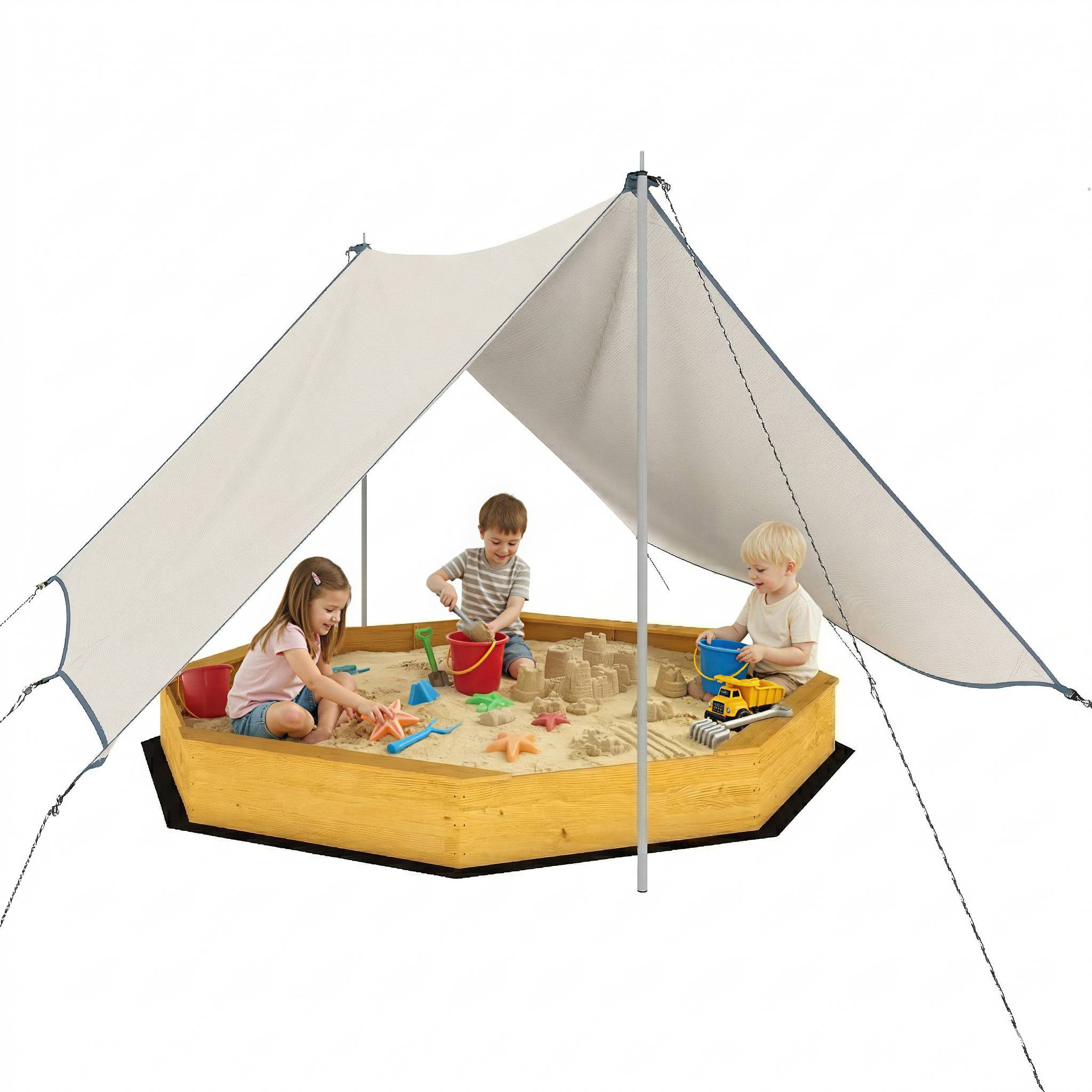 Bac à sable en bois avec auvent, bac à sable enfant extérieur avec 4 bancs, doublure de fond, jaune - Image 1