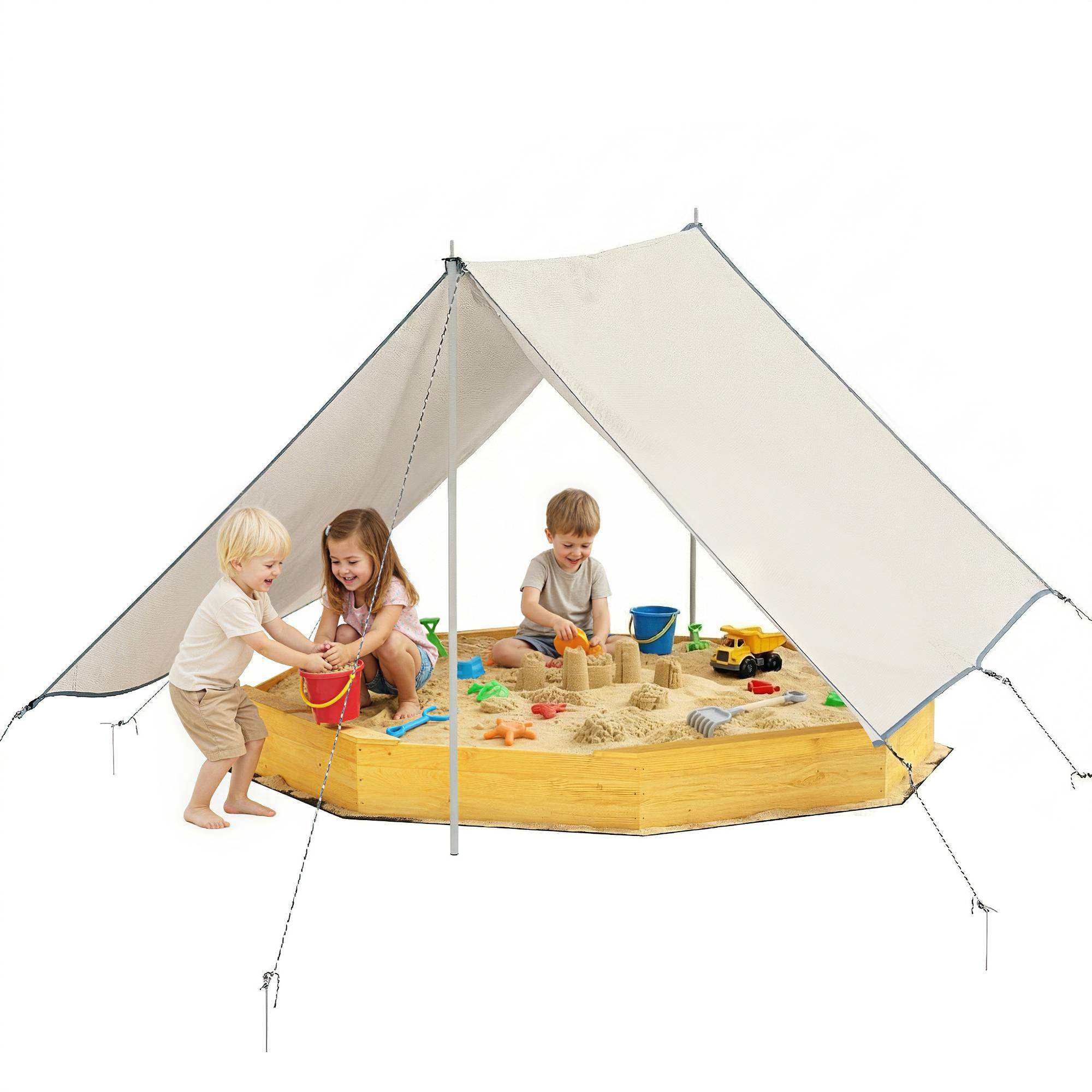 Bac à sable en bois avec auvent, bac à sable enfant extérieur avec 4 bancs, doublure de fond, jaune - Image 2