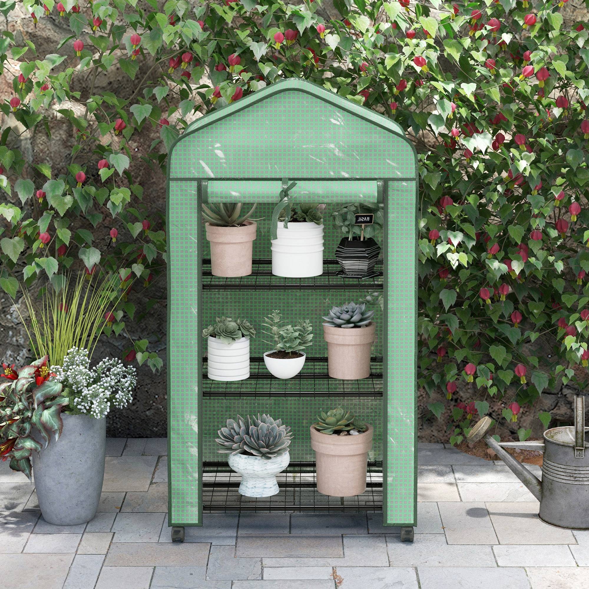 Outsunny - Serre de balcon étagères 3 niveaux bâche renforcée 140g/m² porte zippée enroulable pour légumes plantes fleurs acier vert - Outsunny - Image 5