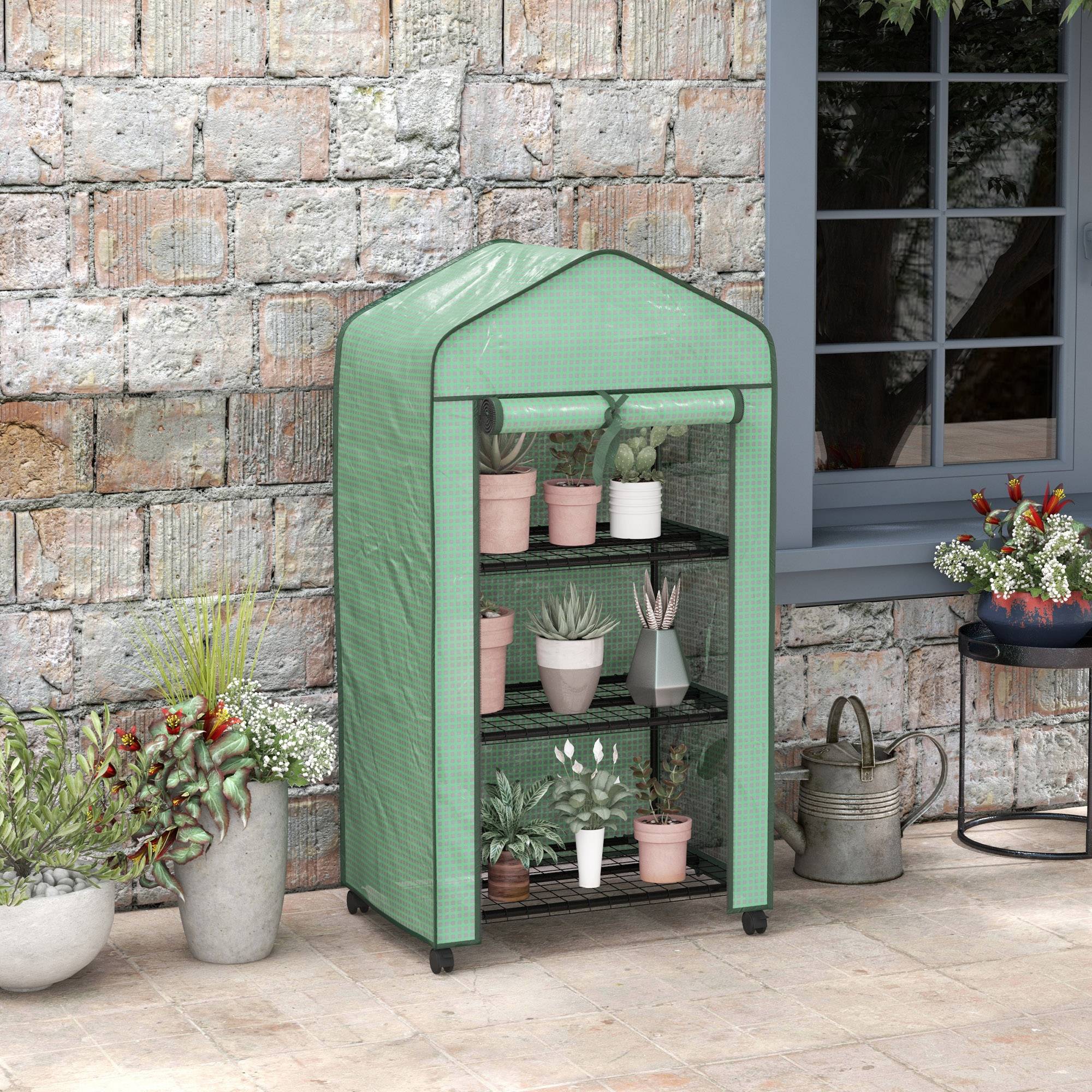 Outsunny - Serre de balcon étagères 3 niveaux bâche renforcée 140g/m² porte zippée enroulable pour légumes plantes fleurs acier vert - Outsunny - Image 2