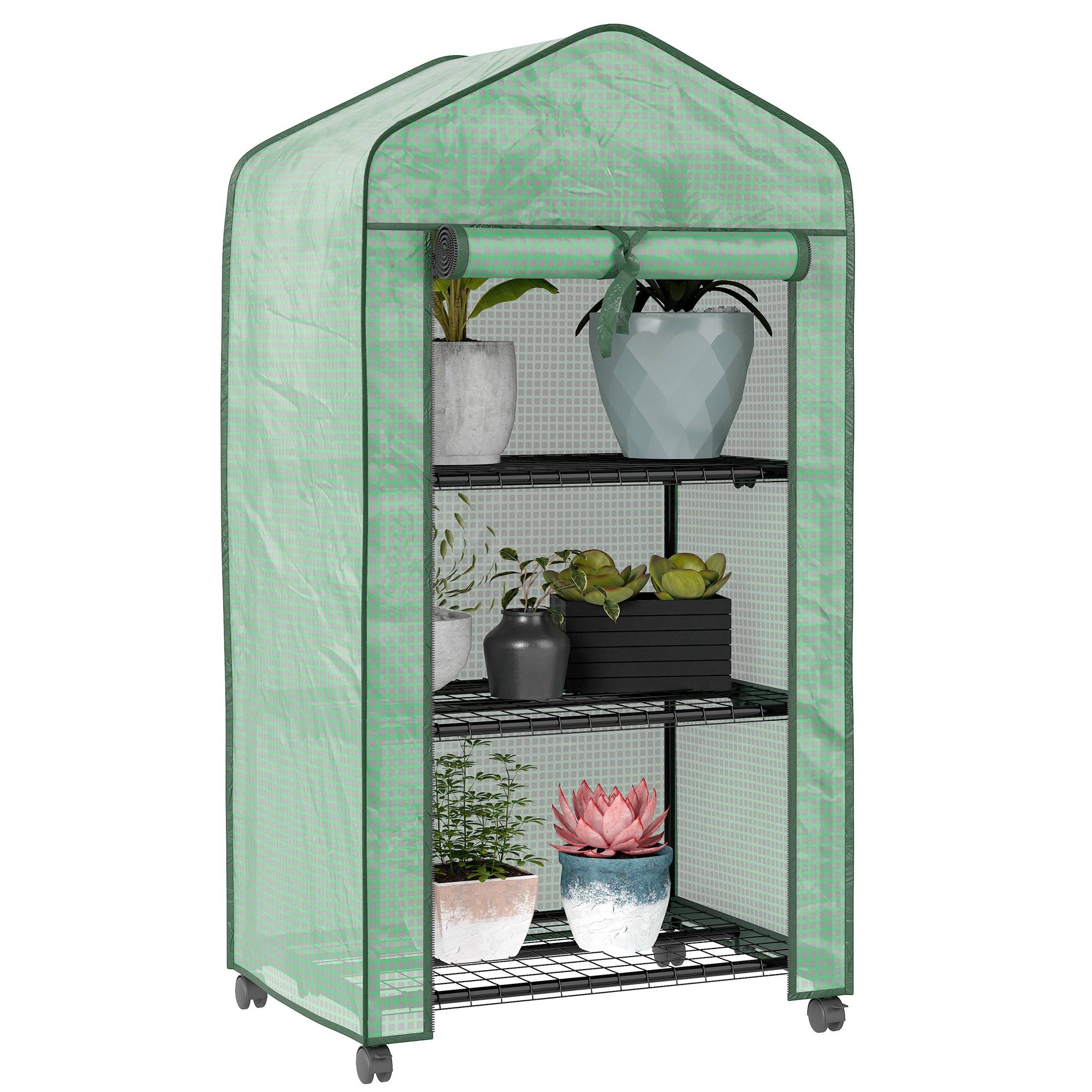 Outsunny - Serre de balcon étagères 3 niveaux bâche renforcée 140g/m² porte zippée enroulable pour légumes plantes fleurs acier vert - Outsunny - Image 1
