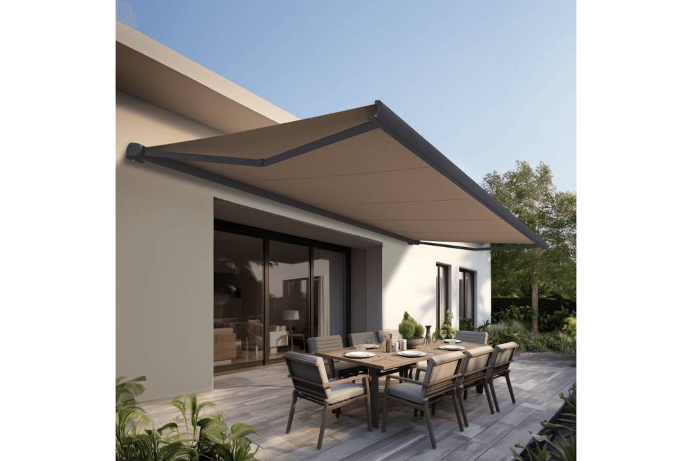 Ombrazur - Store banne Coffre intégral PROTECT 2 Gris Anthracite 4,05x3,50m Motorisé à  télécommande - Toile Taupe OMBRAZUR - Imagen 2