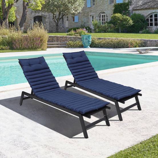 Lot 2 coussins transat polyester jardin extérieur anti-UV 190x64cm bleu marine - ComfortXL Outdoor Living - Image 1