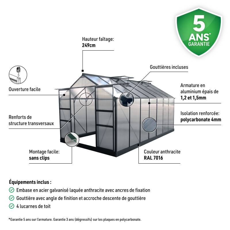Serre de jardin 13,2m² polycarbonate anthracite avec embase aluminium Green Protect - Image 4