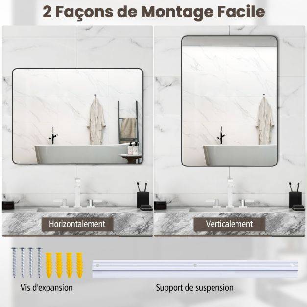 Helloshop26 - Miroir mural 76,5 x 56 cm pour salle de bain miroir mural de courtoisie rectangulaire cadre en métal robuste horizontal vertical noir - Imagen 2