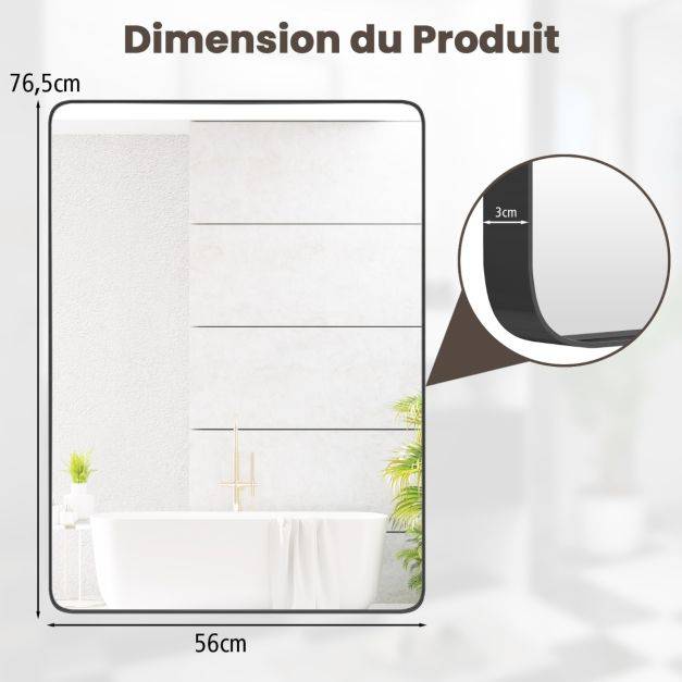 Helloshop26 - Miroir mural 76,5 x 56 cm pour salle de bain miroir mural de courtoisie rectangulaire cadre en métal robuste horizontal vertical noir - Imagen 3