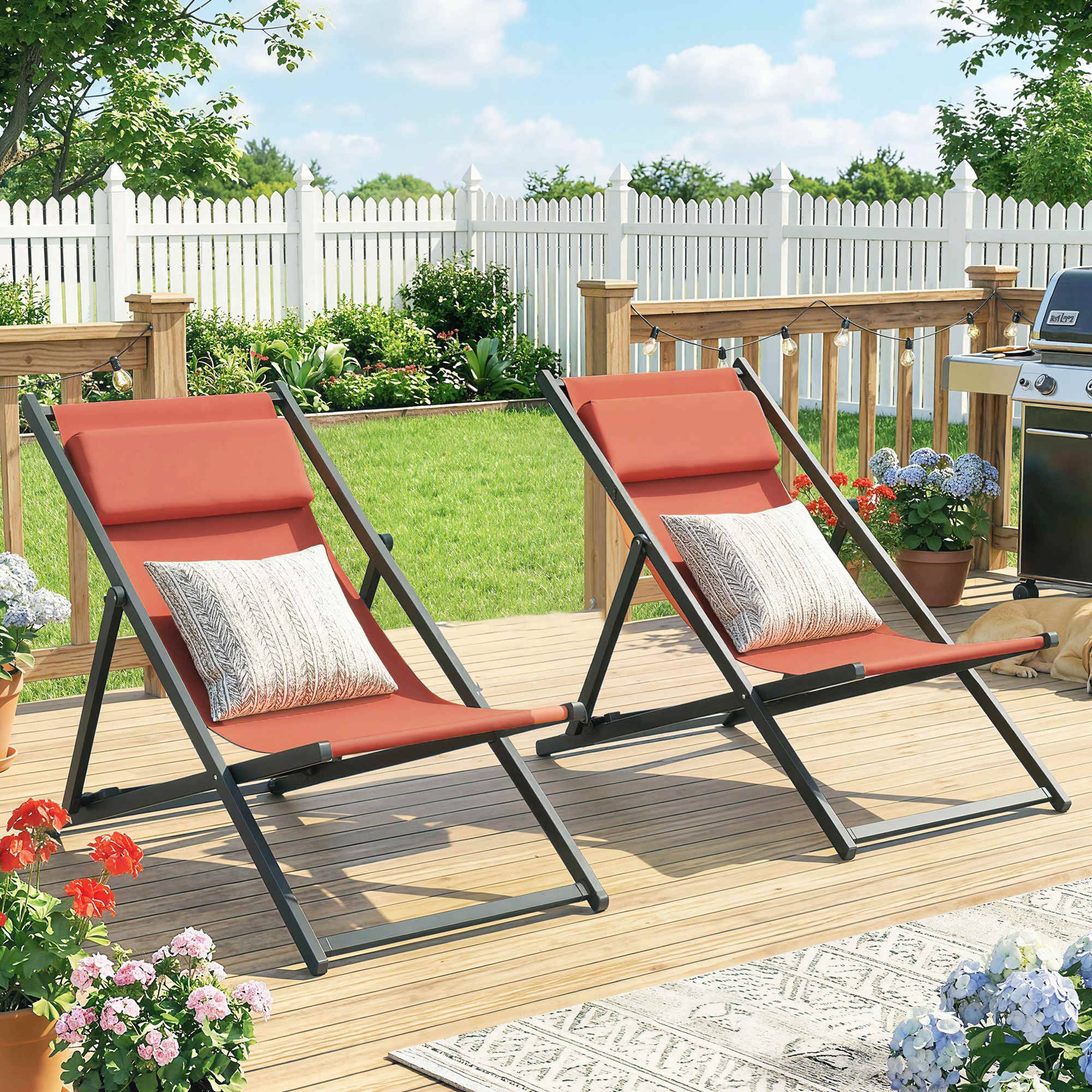 Lot de 2 bains de soleil pliants aluminium et textilène rouge brique 100 x 60 x 85 cm - PANGIVO - Image 3