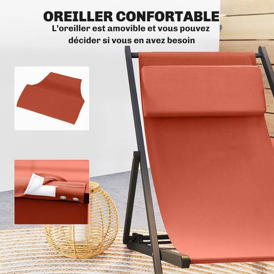 Lot de 2 bains de soleil pliants aluminium et textilène rouge brique 100 x 60 x 85 cm - PANGIVO - Image 9