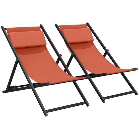 Lot de 2 bains de soleil pliants aluminium et textilène rouge brique 100 x 60 x 85 cm - PANGIVO - Image 1