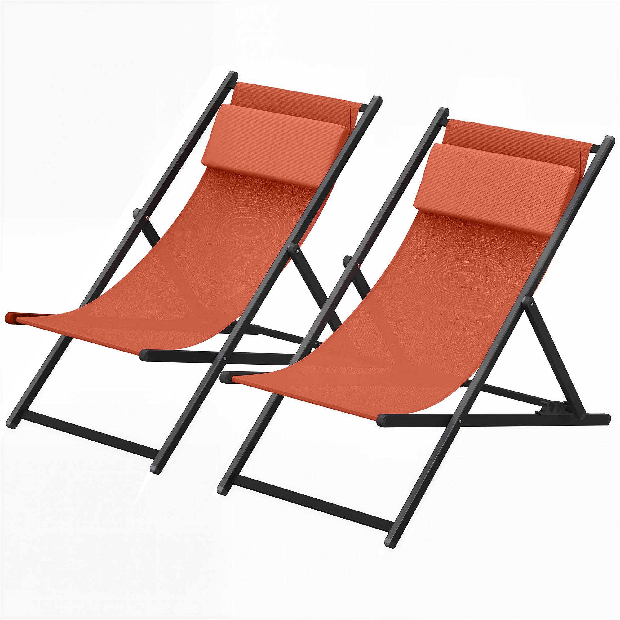 Lot de 2 bains de soleil pliants aluminium et textilène rouge brique 100 x 60 x 85 cm - PANGIVO - Image 2