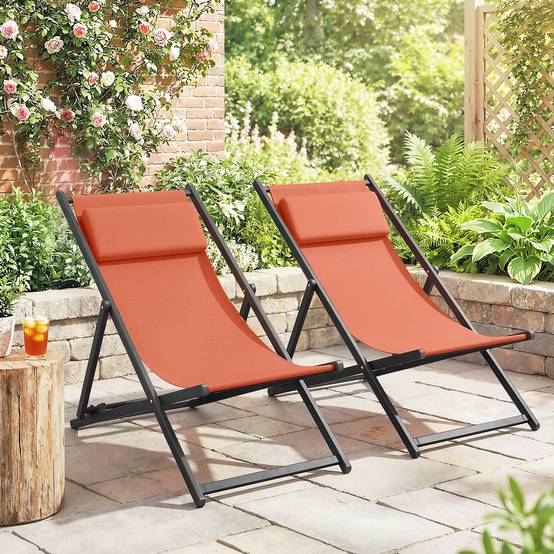 Lot de 2 bains de soleil pliants aluminium et textilène rouge brique 100 x 60 x 85 cm - PANGIVO - Image 4