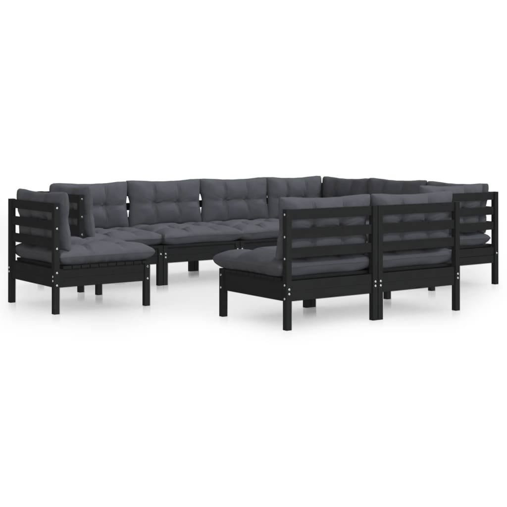 Helloshop26 - Salon de jardin meuble d'extérieur ensemble de mobilier 9 pièces avec coussins noir bois de pin solide - Imagen 1