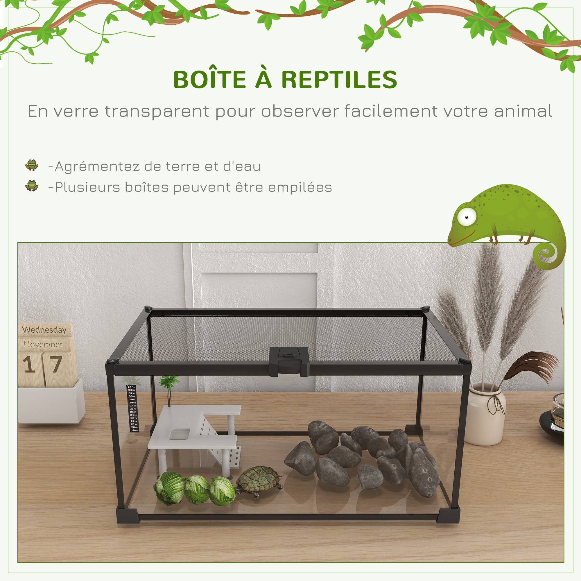 Boîte à reptiles boîte d'élevage de reptiles habitat de terrarium transparent couvercle coulissant treillis métallique - Image 6