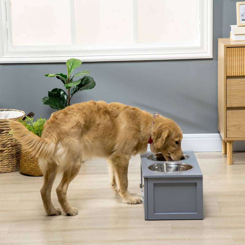 Station de nourrissage chien moyen 60 x 30 x 24 cm acier inoxydable bois - PANGIVO - Image 2