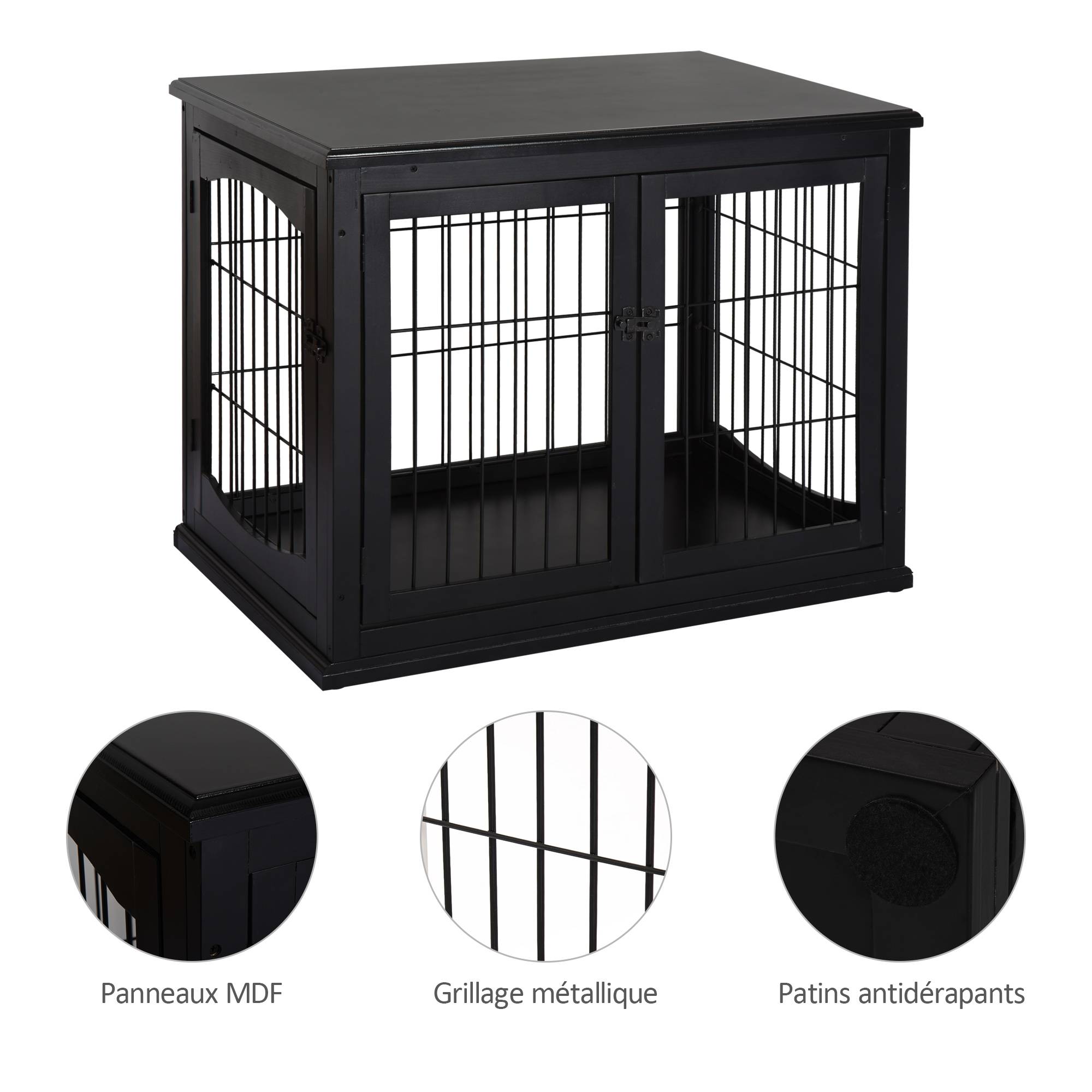 Cage chien intérieur Bois MDF Meuble décoratif 3 portes 81x58x66cm Noir - ComfortXL Outdoor Living - Image 9