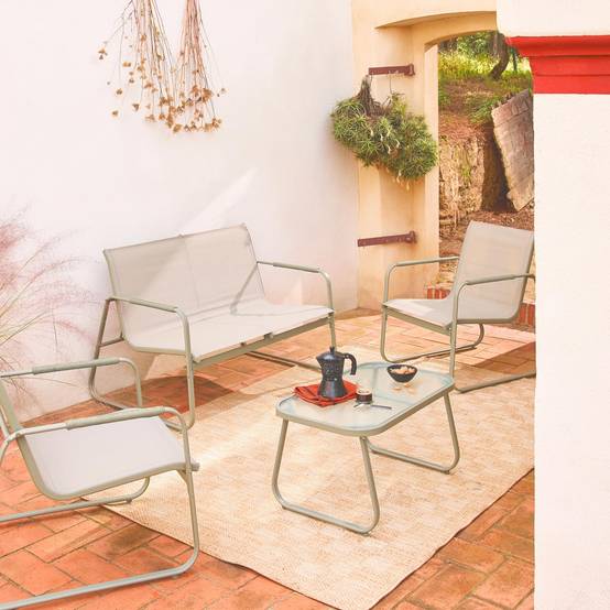 sweeek - Salon de jardin kaki NOTO acier. 4 places. un canapé. une table. deux fauteuils textilene | sweeek - Image 1