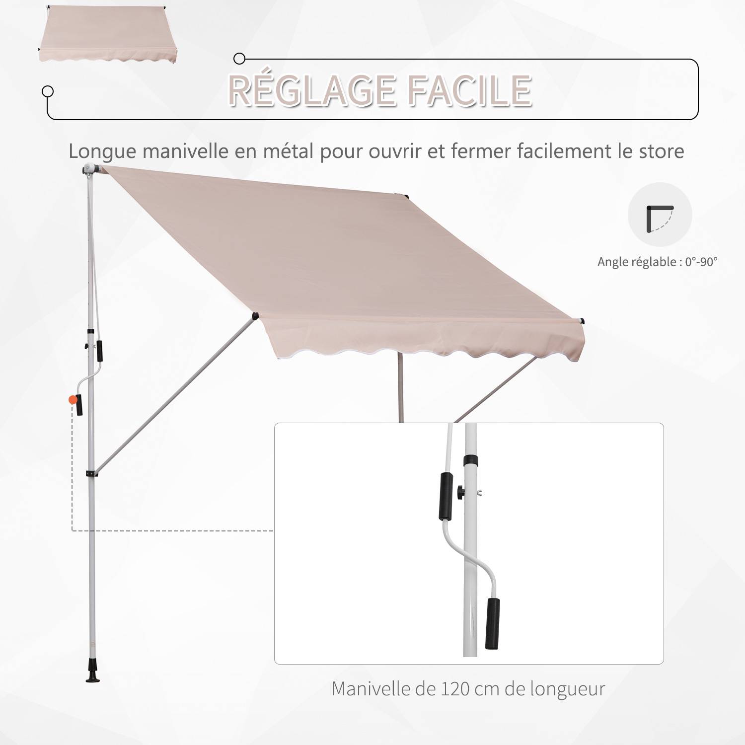 Outsunny - Store banne manuel rétractable 2x1,5x1,7-2,8m inclinaison réglable installation rapide sans trous balcon alu polyester beige - Outsunny - Image 4