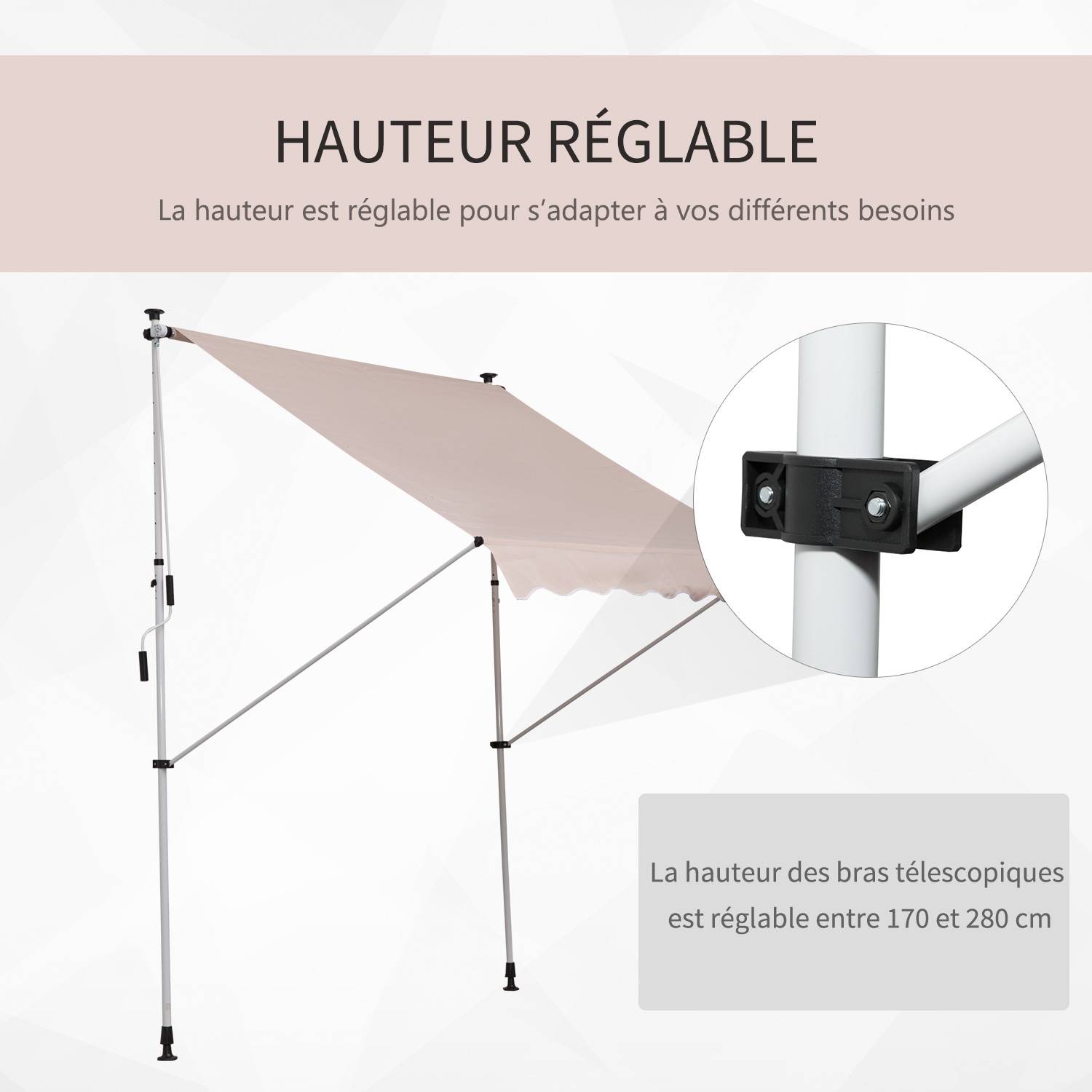 Outsunny - Store banne manuel rétractable 2x1,5x1,7-2,8m inclinaison réglable installation rapide sans trous balcon alu polyester beige - Outsunny - Image 5