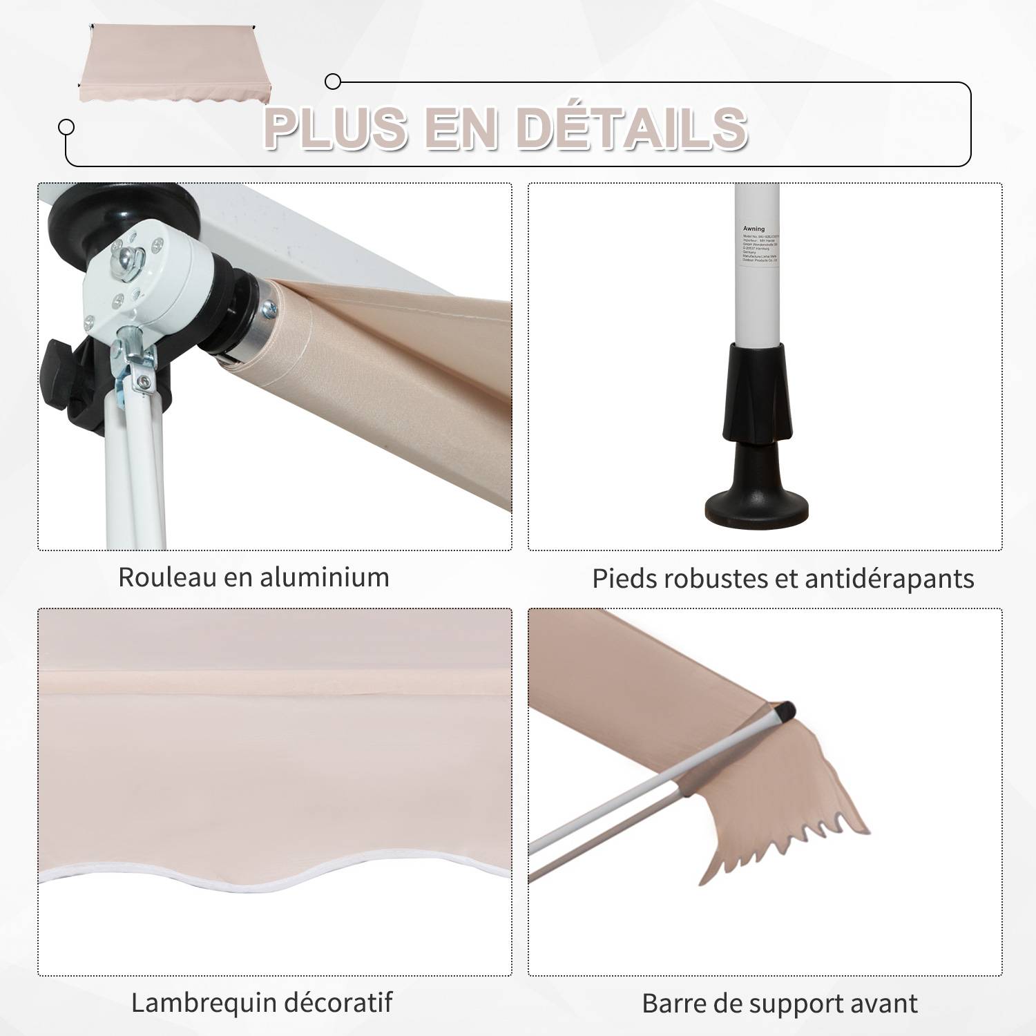 Outsunny - Store banne manuel rétractable 2x1,5x1,7-2,8m inclinaison réglable installation rapide sans trous balcon alu polyester beige - Outsunny - Image 7