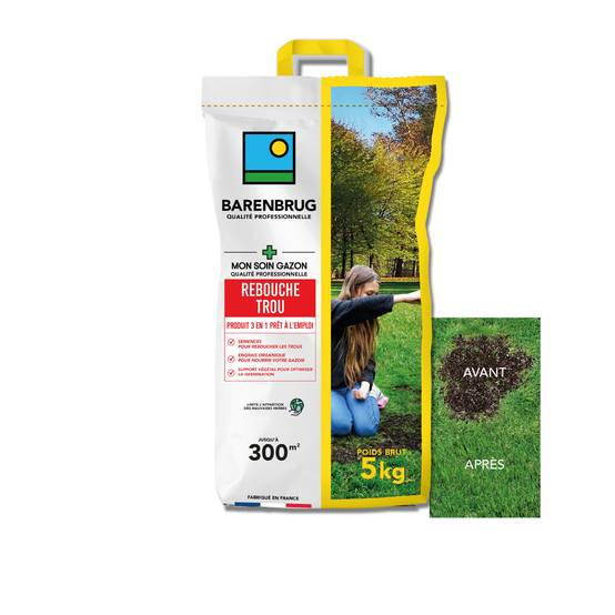 Soin Rebouche Trou - Solution 3-en-1 - Engrais Organique pour Nourrir Gazon - Support Végétal pour Optimiser Germination - 5KG - BARENBRUG - Image 1
