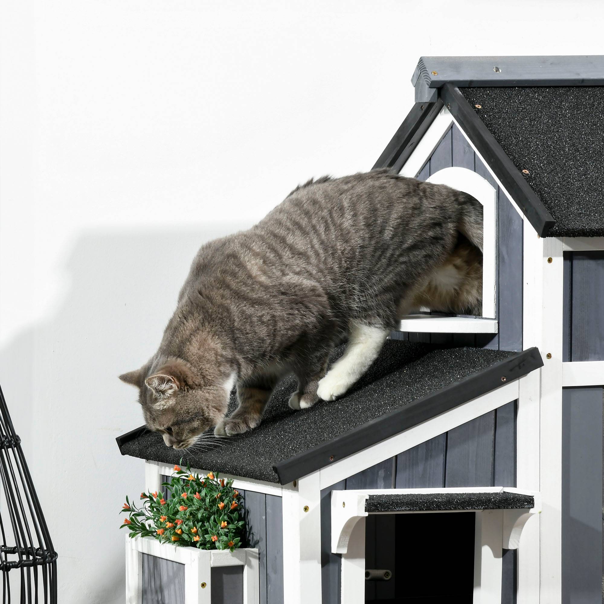 Maison pour chat en sapin 2 étages, plusieurs entrées, toit asphalte, résistante aux intempéries extérieur - Image 7