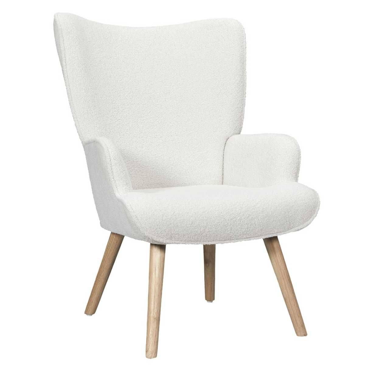 ALTOBUY - Fauteuil de salon en tissu bouclette blanc pieds en bois d'hévéa - REGINA - Image 1