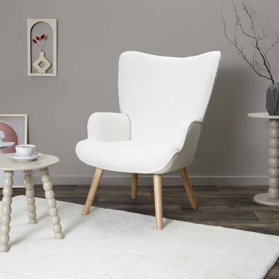ALTOBUY - Fauteuil de salon en tissu bouclette blanc pieds en bois d'hévéa - REGINA - Image 2