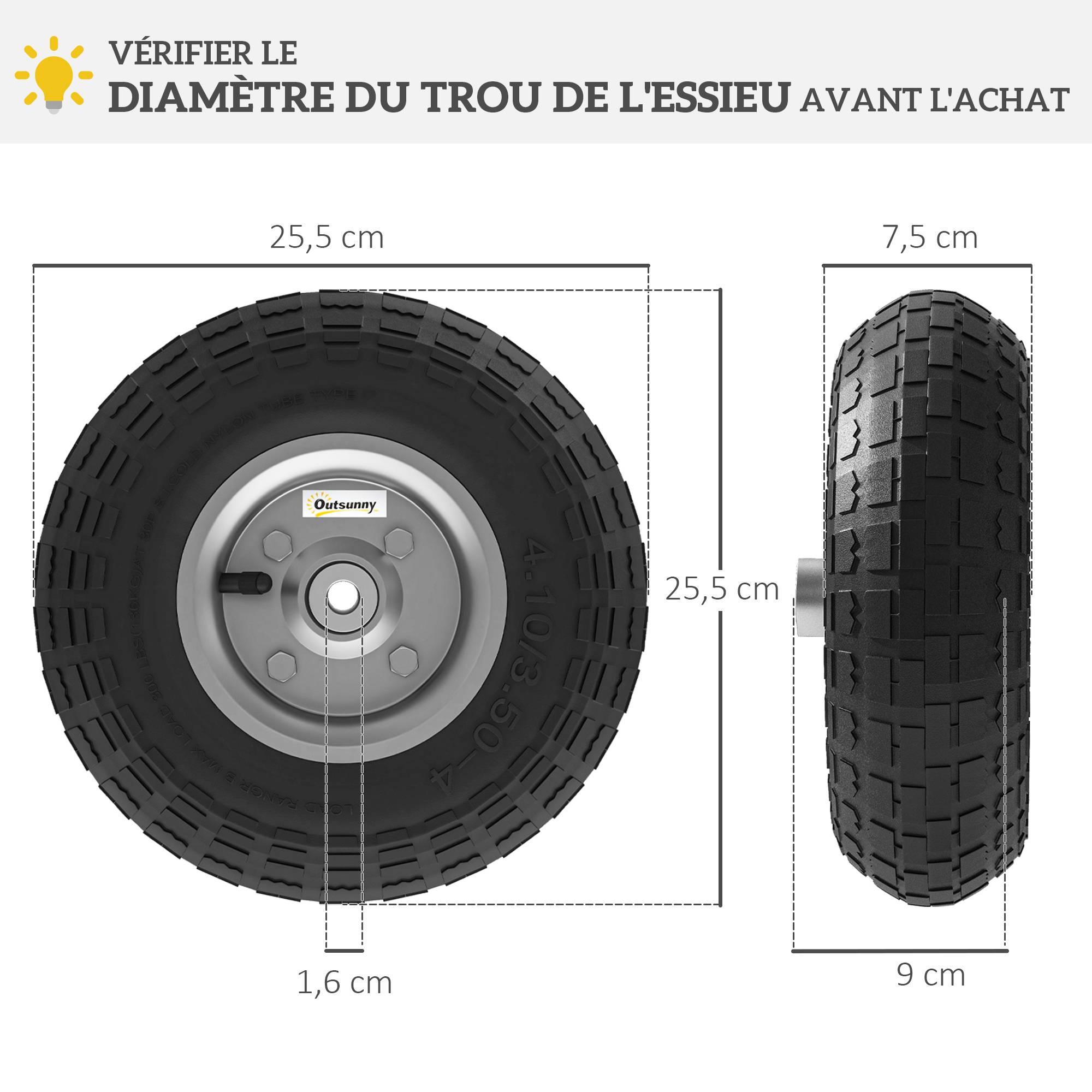 ComfortXL - Lot de 4 roues pneumatiques en caoutchouc noir Ø 25,5 cm alésage 16 mm pour brouette chariot et diable - Image 3