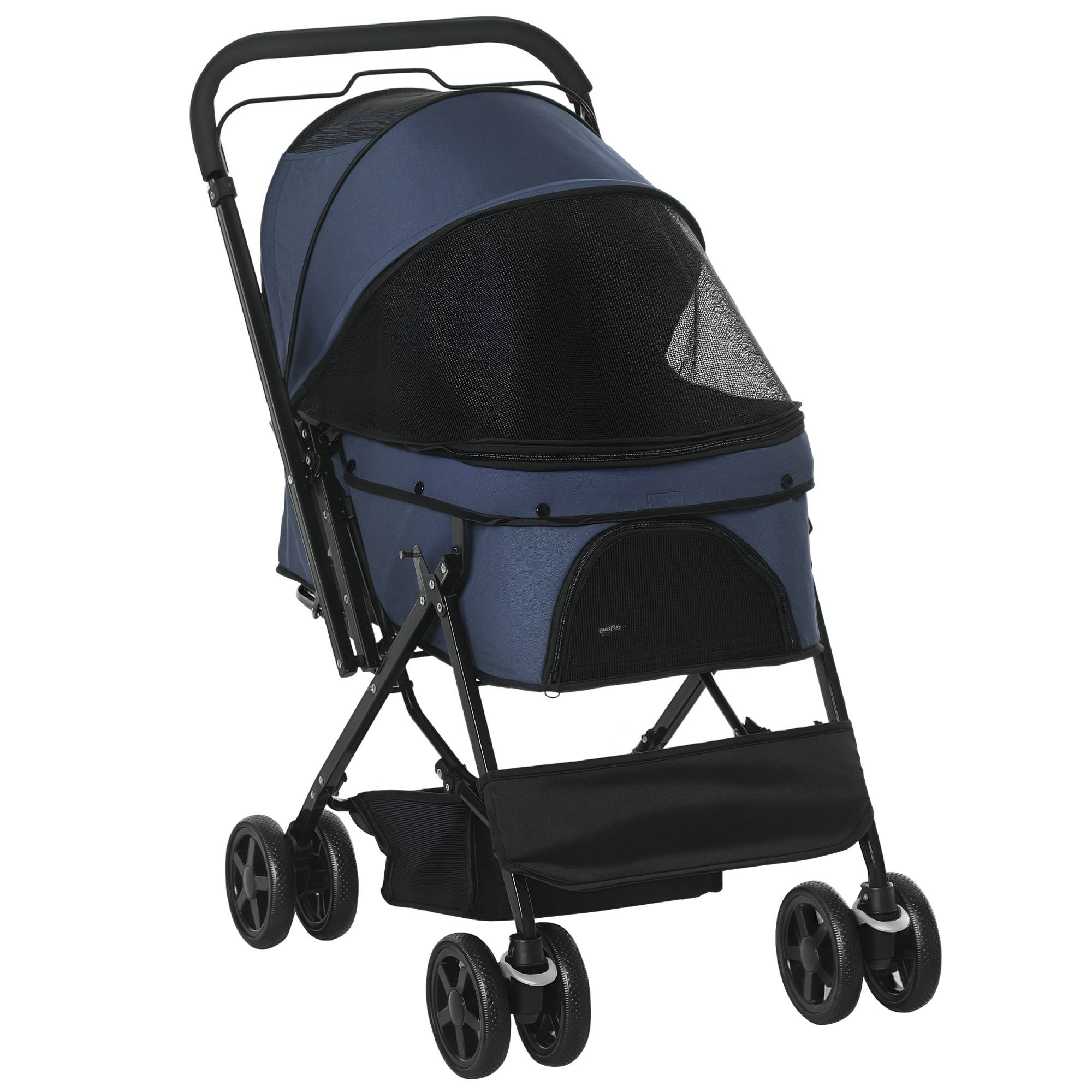 Poussette chien pliable, 1 panier, 2 freins, laisse sécurité incluse, bleu - Image 1
