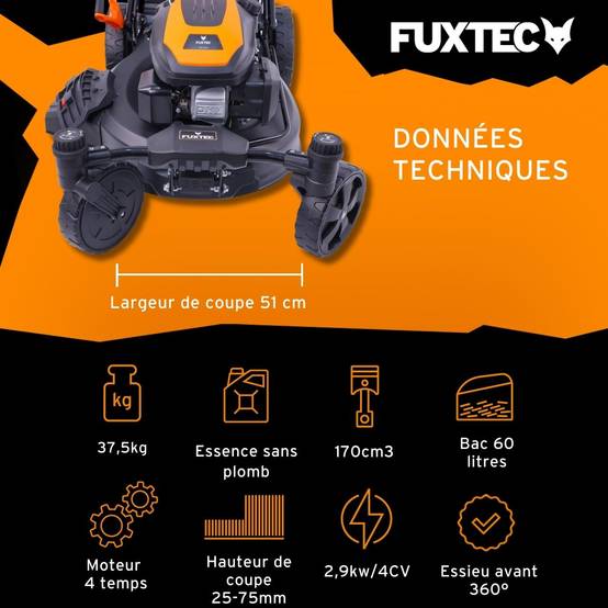 FUXTEC - Tondeuse à gazon thermique autotractée FUXTEC FX-RM5170agile – 51 cm – 170 cm³ – 60L – Roues pivotantes – Easy Clean – Mulching - Image 3
