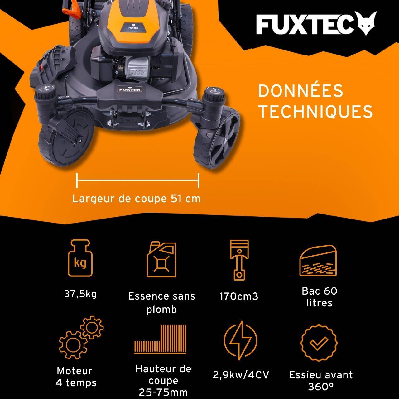 FUXTEC - Tondeuse à gazon thermique autotractée FUXTEC FX-RM5170agile – 51 cm – 170 cm³ – 60L – Roues pivotantes – Easy Clean – Mulching - Image 3