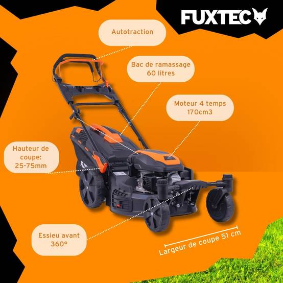 FUXTEC - Tondeuse à gazon thermique autotractée FUXTEC FX-RM5170agile – 51 cm – 170 cm³ – 60L – Roues pivotantes – Easy Clean – Mulching - Image 6