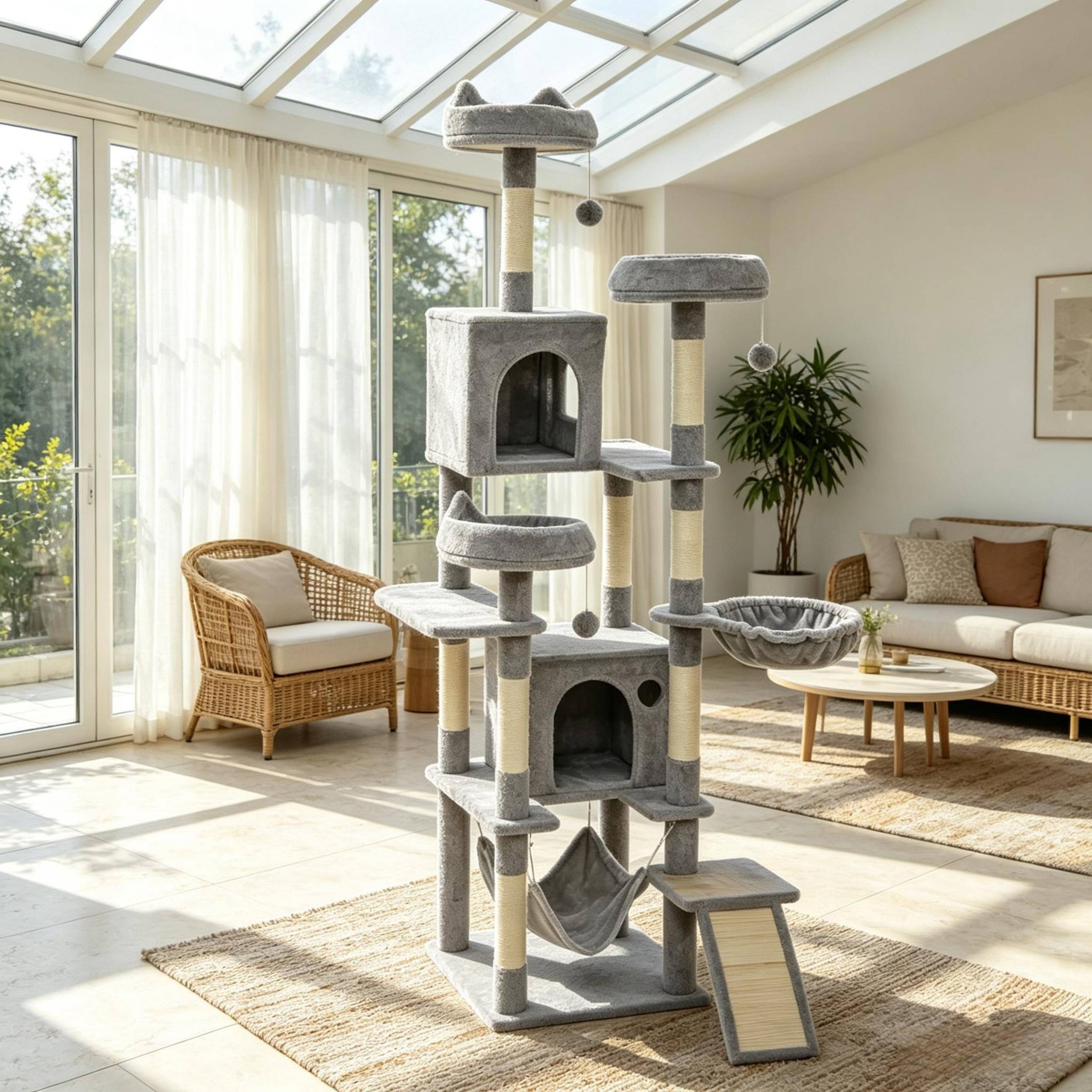 Arbre à chat tour de jeu 192 cm, 8 poteaux à griffer, 4 plateformes, 2 niches, échelle et 3 balles de jeu - Image 7