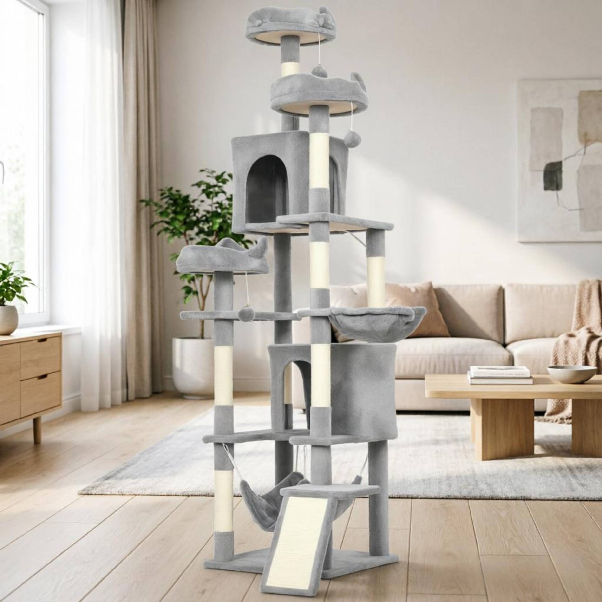 Arbre à chat tour de jeu 192 cm, 8 poteaux à griffer, 4 plateformes, 2 niches, échelle et 3 balles de jeu - Image 1