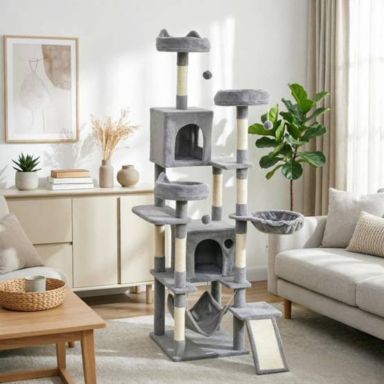 Arbre à chat tour de jeu 192 cm, 8 poteaux à griffer, 4 plateformes, 2 niches, échelle et 3 balles de jeu - Image 6