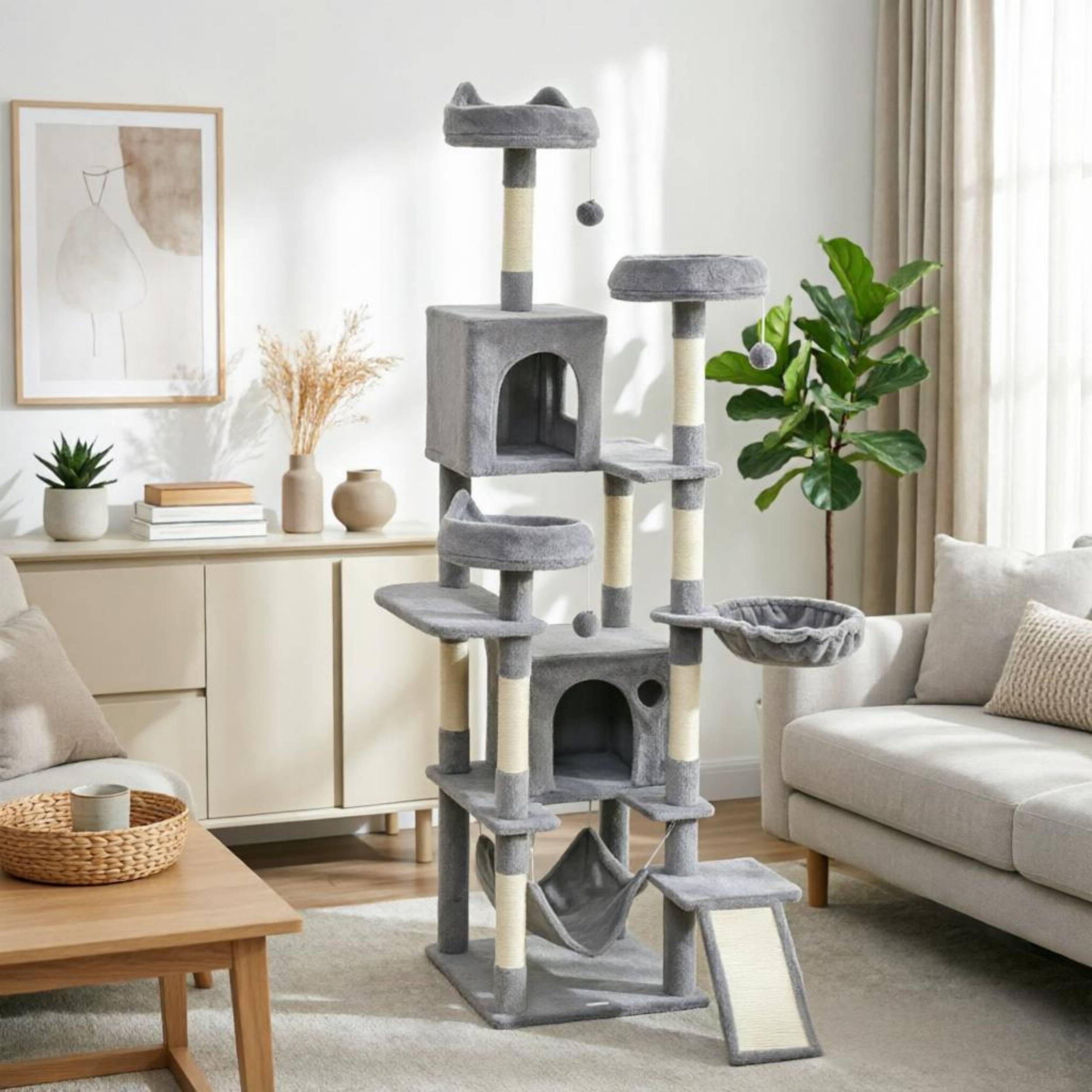 Arbre à chat tour de jeu 192 cm, 8 poteaux à griffer, 4 plateformes, 2 niches, échelle et 3 balles de jeu - Image 6