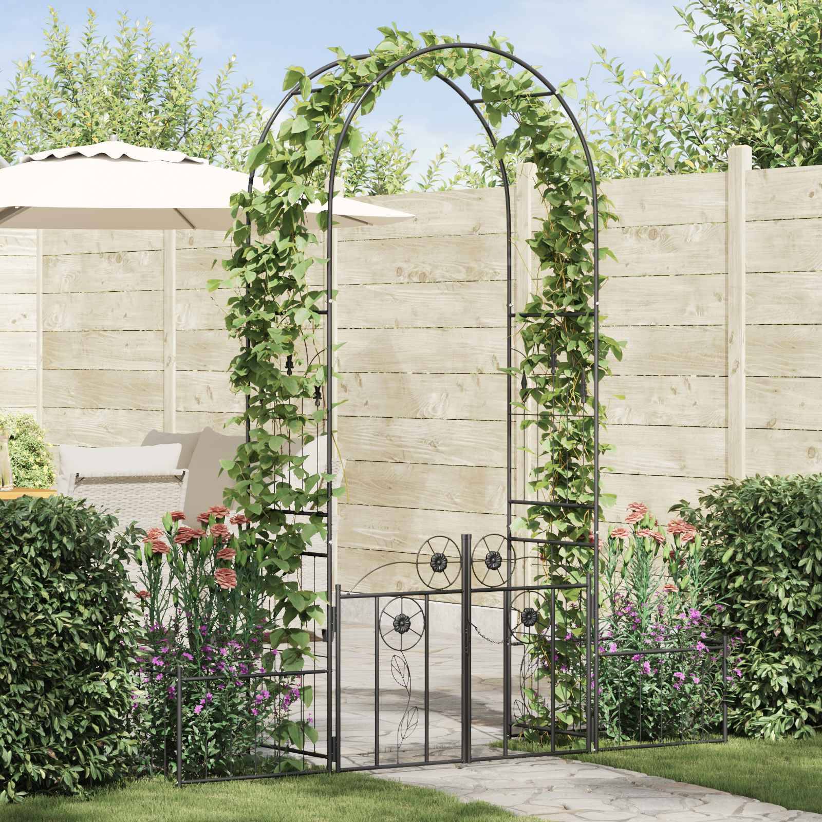 Grande Arche de jardin Métal Noir avec Portail Double Largeur pour Allée 203cm - ComfortXL Outdoor Living - Image 1
