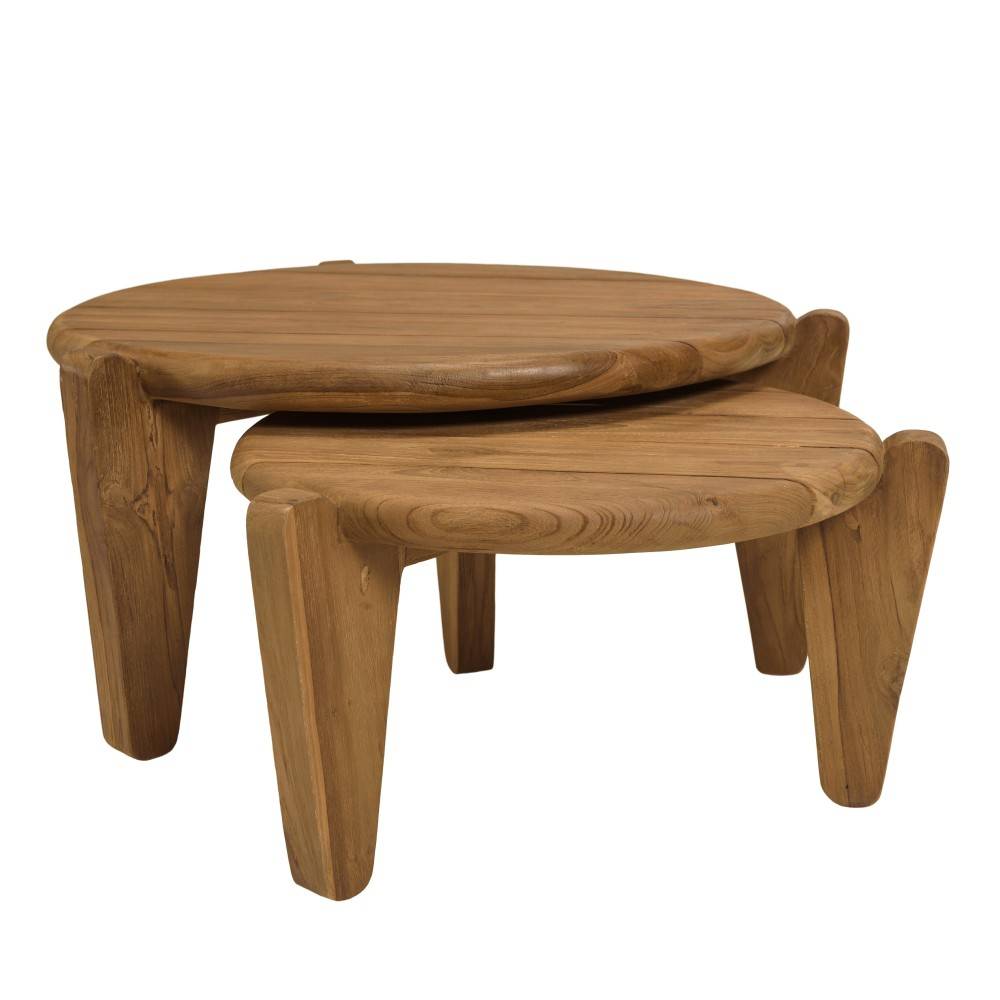 Macabane - COLINE - Set de 2 tables basses de jardin rondes bois de teck recyclé D50+70cm - Image 5