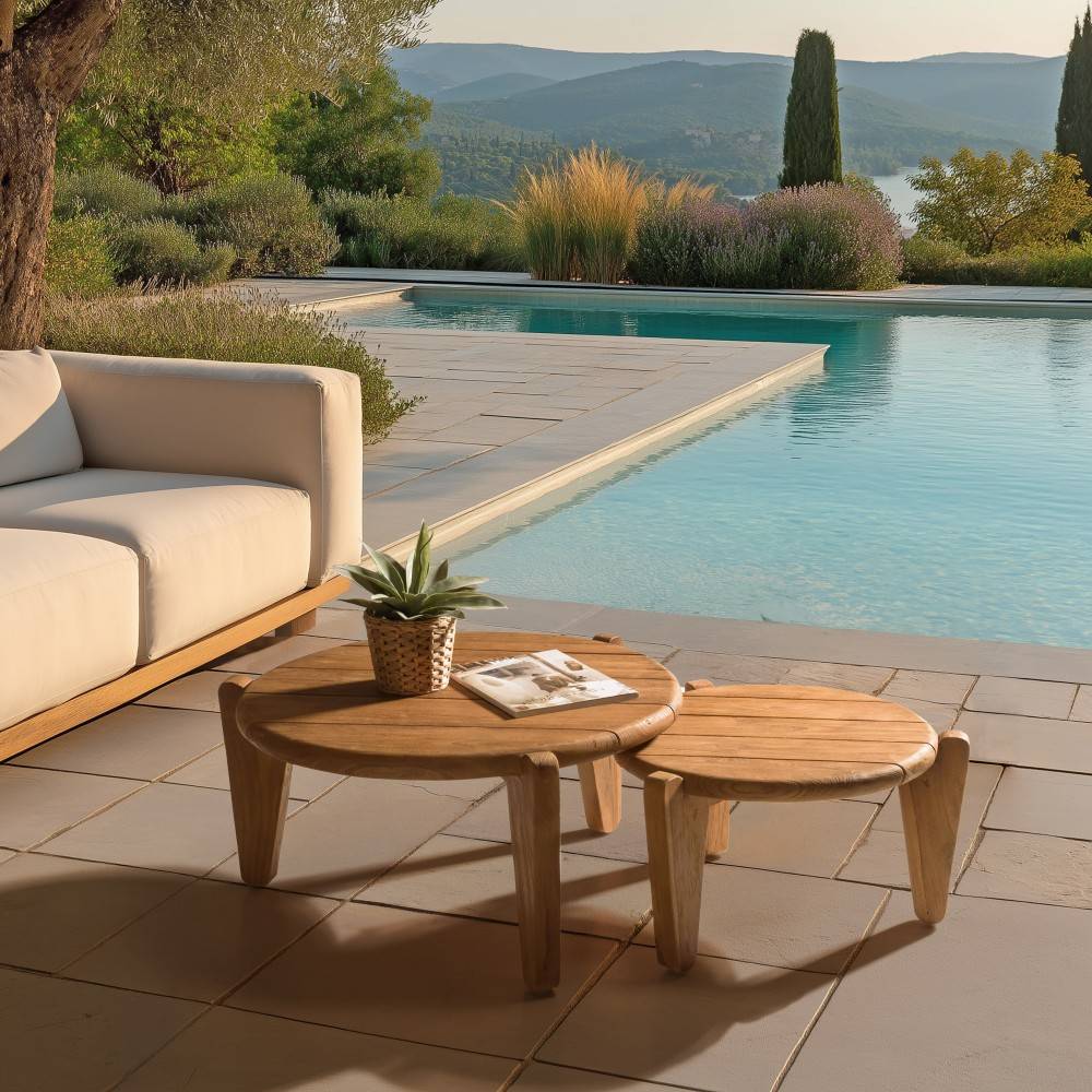 Macabane - COLINE - Set de 2 tables basses de jardin rondes bois de teck recyclé D50+70cm - Image 2