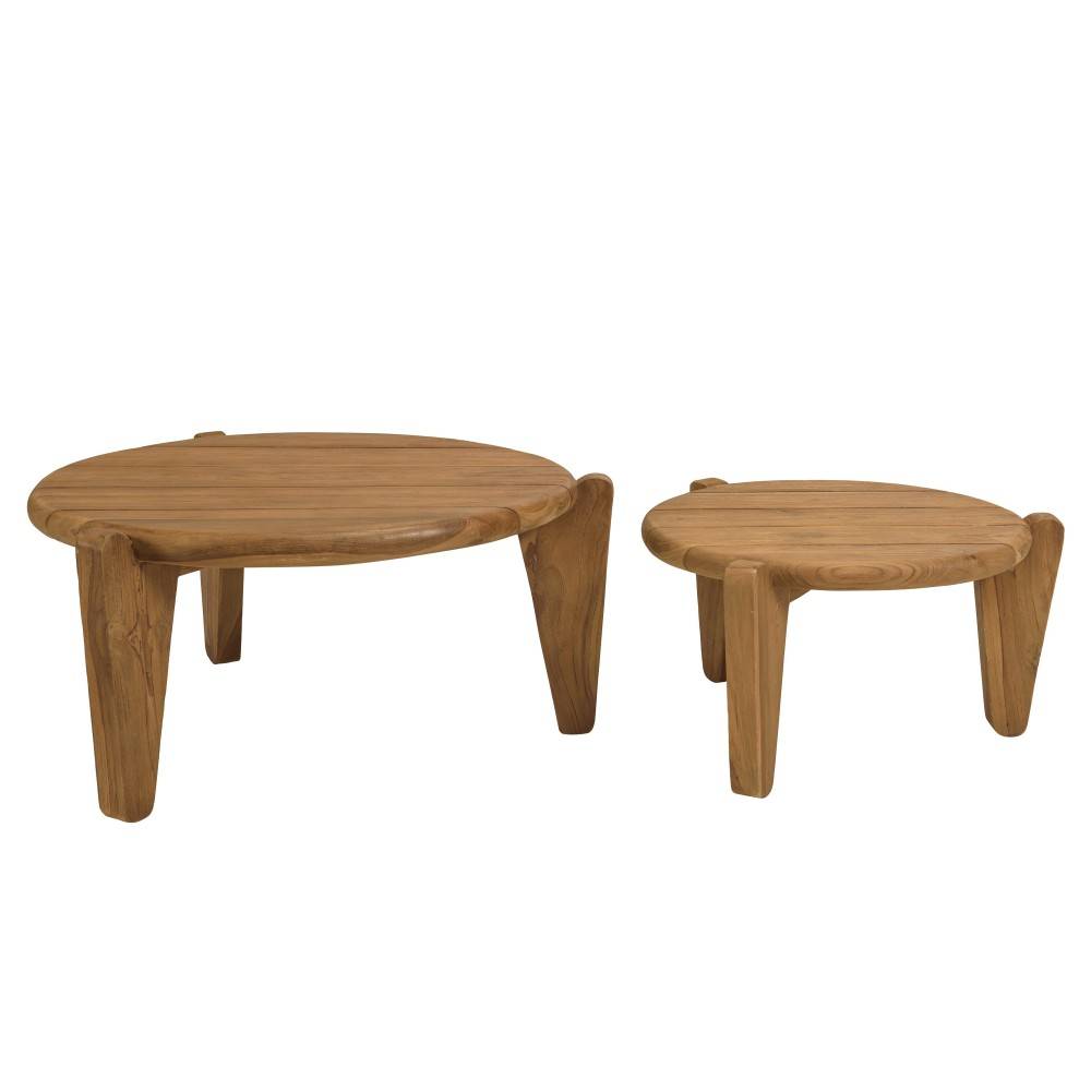 Macabane - COLINE - Set de 2 tables basses de jardin rondes bois de teck recyclé D50+70cm - Image 6