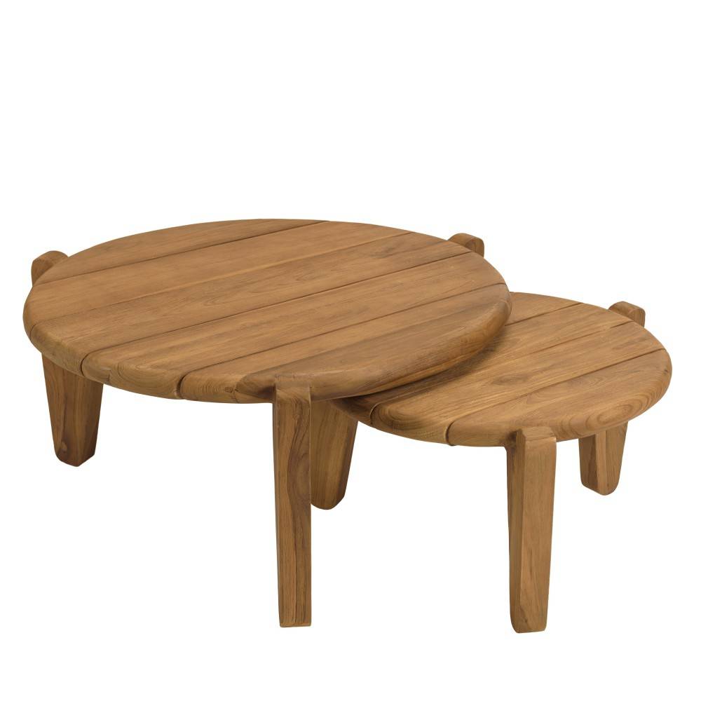 Macabane - COLINE - Set de 2 tables basses de jardin rondes bois de teck recyclé D50+70cm - Image 4
