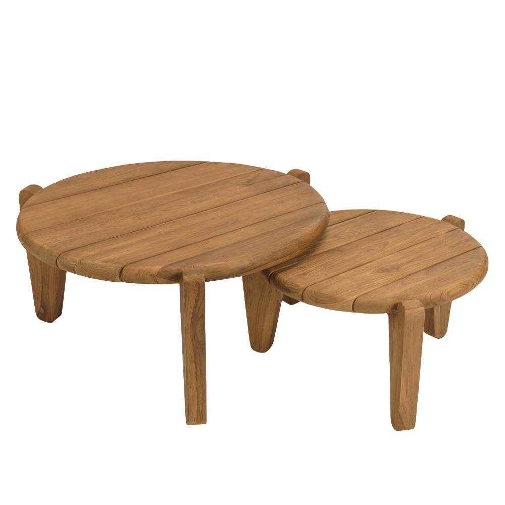 Macabane - COLINE - Set de 2 tables basses de jardin rondes bois de teck recyclé D50+70cm