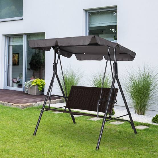 Balançoire de jardin 2 places, toit réglable, 140x110x151cm, marron et gris - Image 3