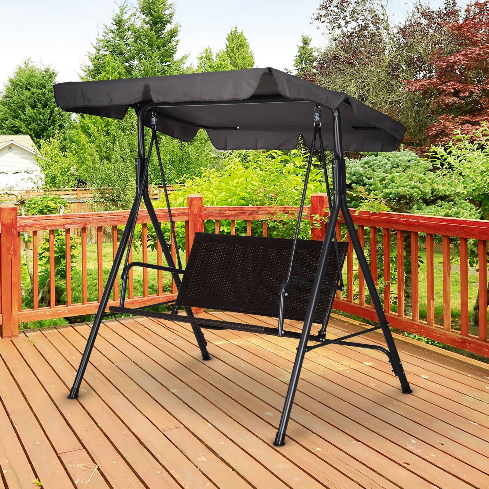Balançoire de jardin 2 places, toit réglable, 140x110x151cm, marron et gris - Image 4