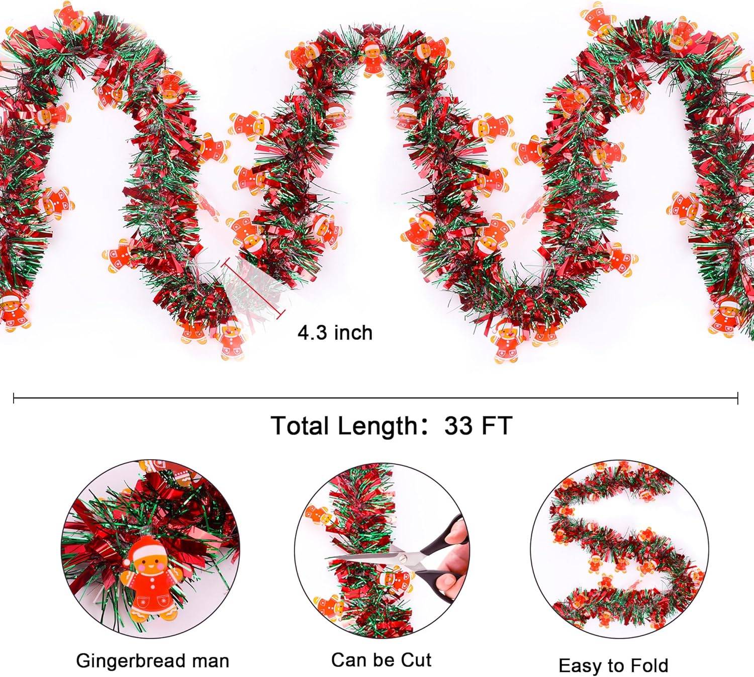 Couronne de Noël Bonhomme en pain d'épices pour sapin de Noël, intérieur ou extérieur, cheminée, décoration de fête (5 pièces de 2 mètres) - Image 2