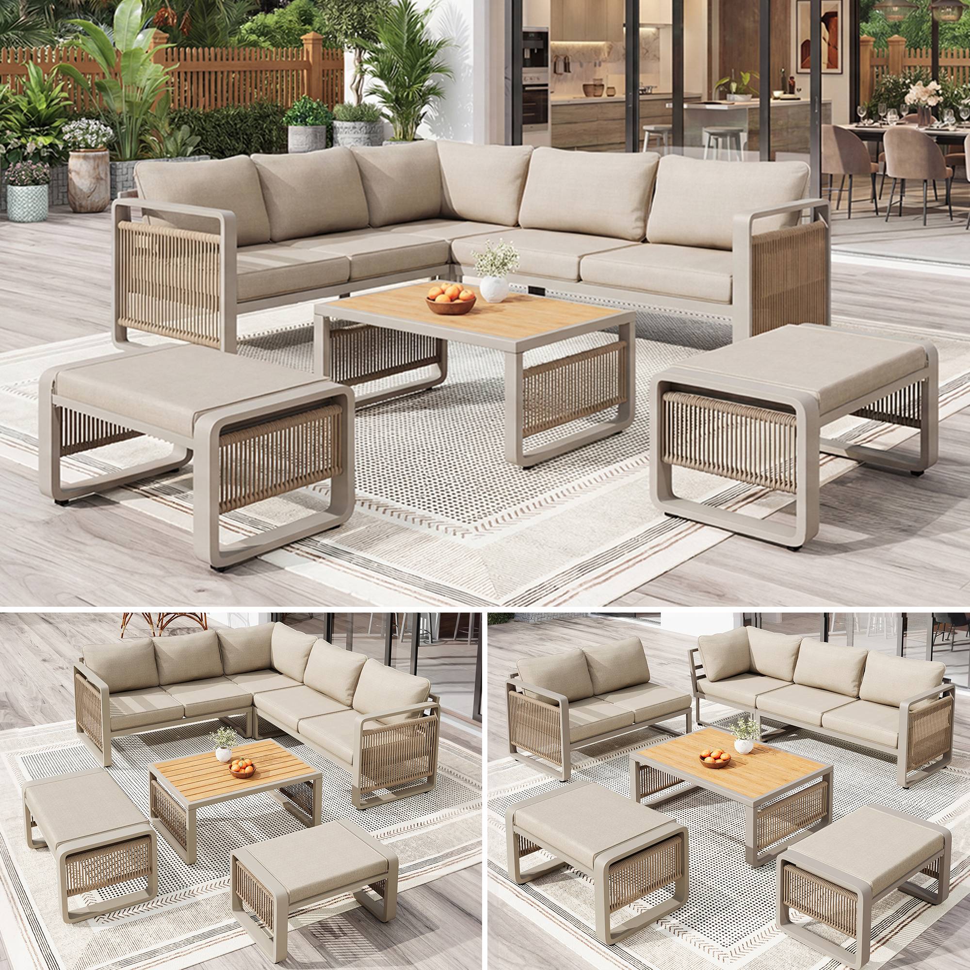 Salon de jardin d'angle métal et corde terrasse 7 places avec table et poufs beige - ComfortXL Outdoor Living - Image 10