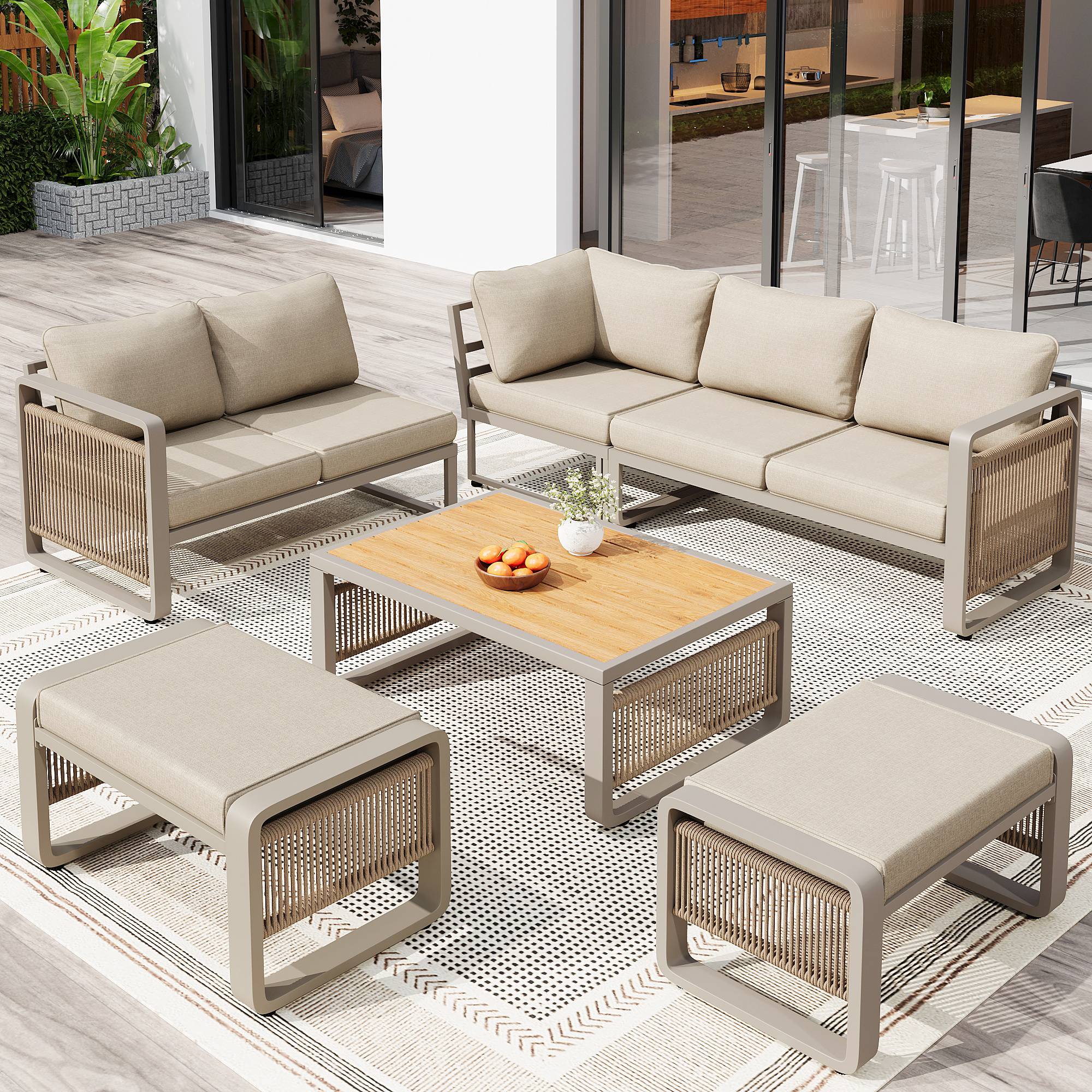 Salon de jardin d'angle métal et corde terrasse 7 places avec table et poufs beige - ComfortXL Outdoor Living - Image 1