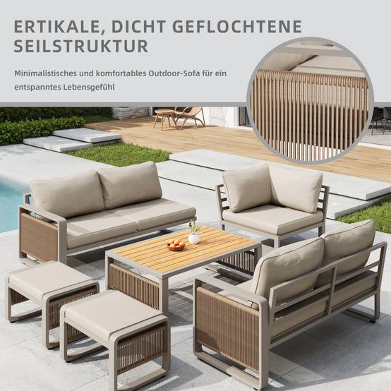 Salon de jardin d'angle métal et corde terrasse 7 places avec table et poufs beige - ComfortXL Outdoor Living - Image 4