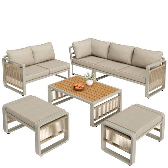 Salon de jardin d'angle métal et corde terrasse 7 places avec table et poufs beige - ComfortXL Outdoor Living - Image 2
