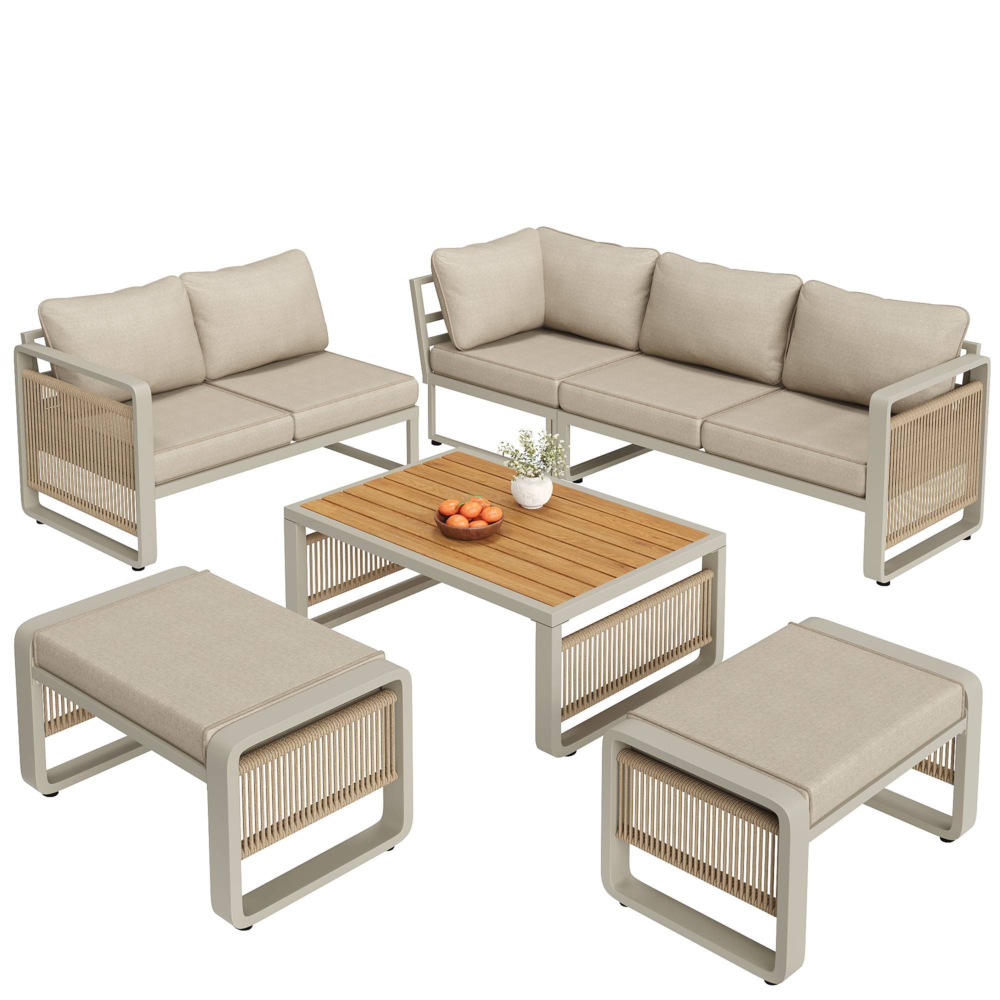 Salon de jardin d'angle métal et corde terrasse 7 places avec table et poufs beige - ComfortXL Outdoor Living - Image 2